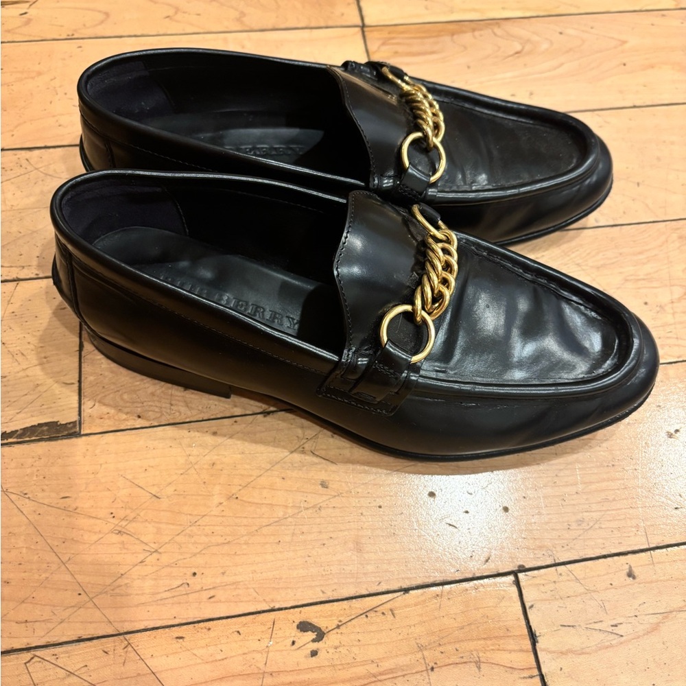 Burberry Black Loafers with Gold Chain Accent